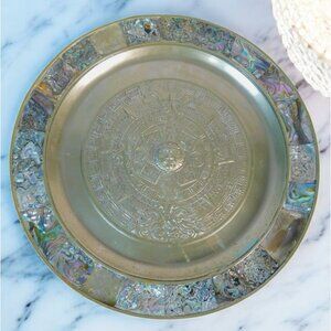 Aztec Calendar Plate Mexico Alpaca Silver Abalone Shell 11" Vintage Rare